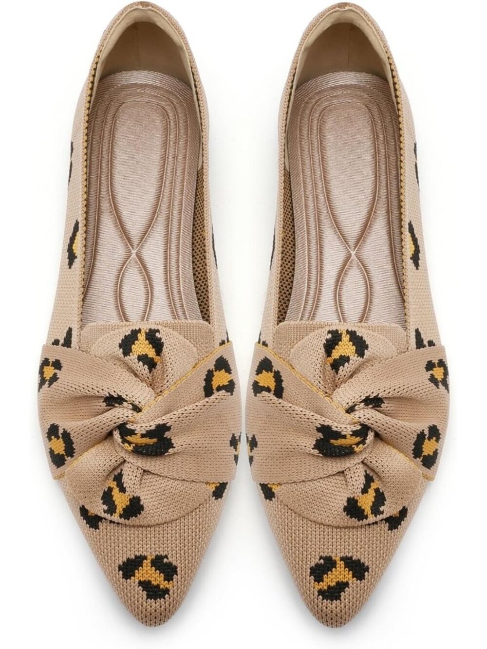 Women's Leopard Pointed Toe Ballet With Bow Comfortable Knit Dressy Flats Shoes